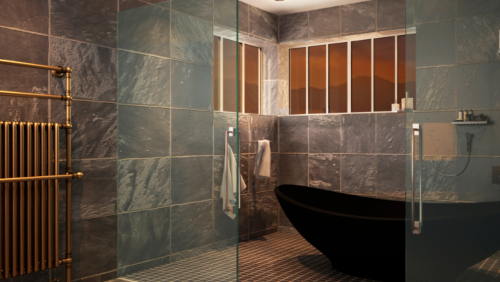 Add a Touch of Glamour - Elevate Your Bathroom with Black Tiles and Gold Accents for Chic Sophistication.