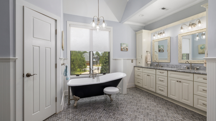 Raise Your Bathroom Style with a High Hanging Elegant Chandelier.
