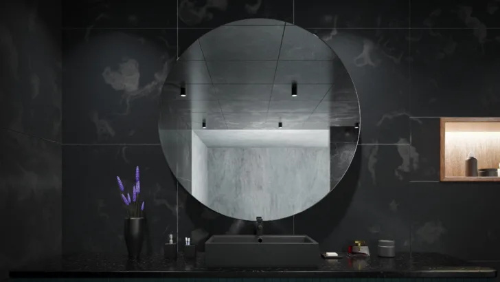 Reflect Your Style - Elevate Your Bathroom with Black Tiles and a Striking Large Round Mirror